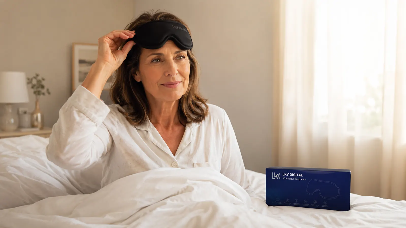 LKY DIGITAL 3D sleep mask held in hand showing the contoured cup design that keeps fabric off the eyelids