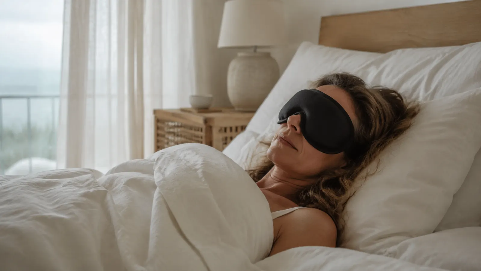 Woman sleeping peacefully in bed with a 3D blackout sleep mask, morning light visible around the curtain edges