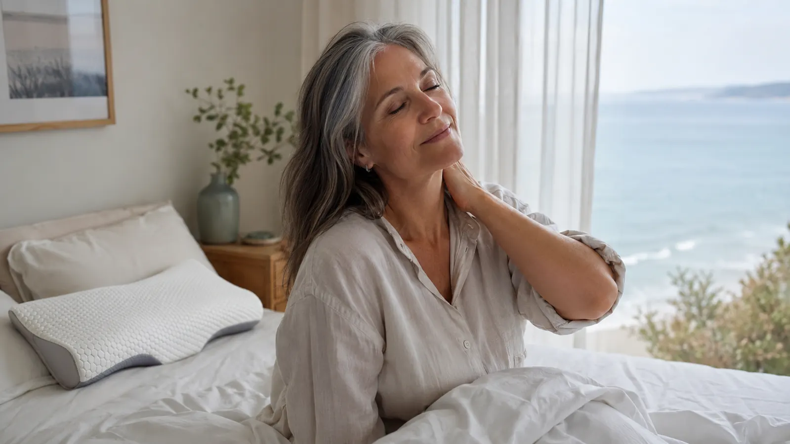 Woman resting peacefully on a cervical contour pillow in a softly lit coastal bedroom at night