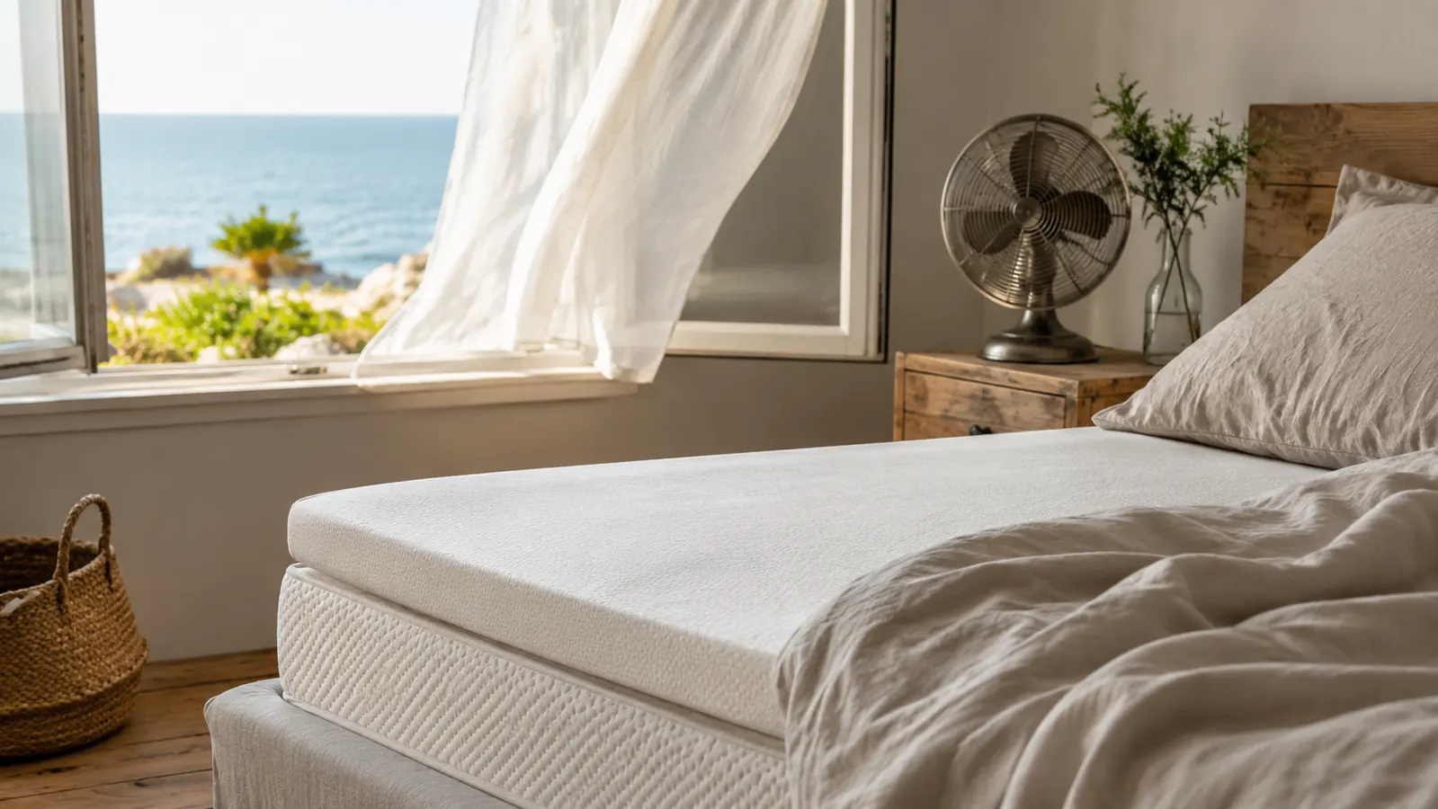 A woman in her late 50s reading peacefully in bed with a light blanket, relaxed expression, bedside lamp on, coastal decor visible in the background