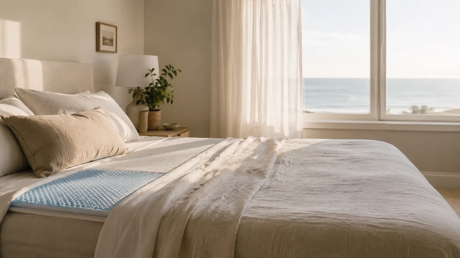 A neatly made coastal bedroom bed with a thick foam mattress topper visible under a light linen sheet, soft morning light coming through sheer curtains
