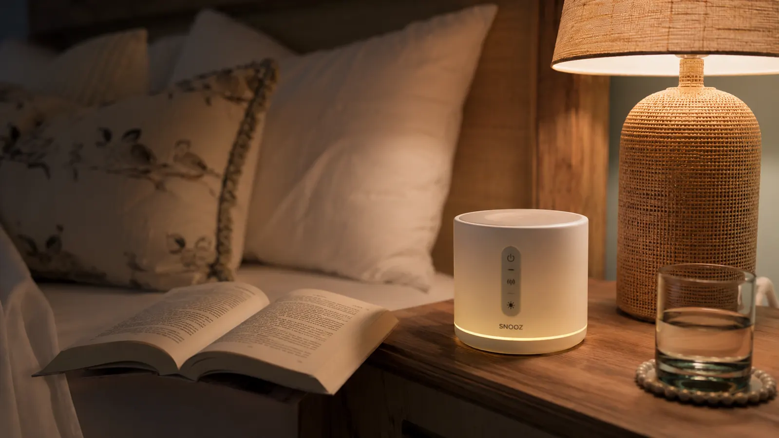 Small white sound machine glowing softly on a nightstand beside a glass of water and a dim lamp in a dark coastal bedroom