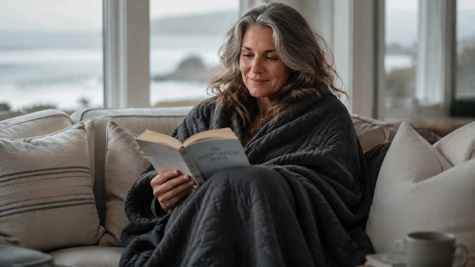 Woman resting peacefully in bed under a dark grey weighted blanket near a sunlit coastal window