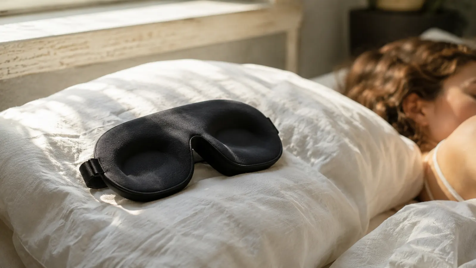 Woman sitting up in bed near a coastal window at dawn, holding a 3D contoured sleep mask in her hands and looking at it thoughtfully