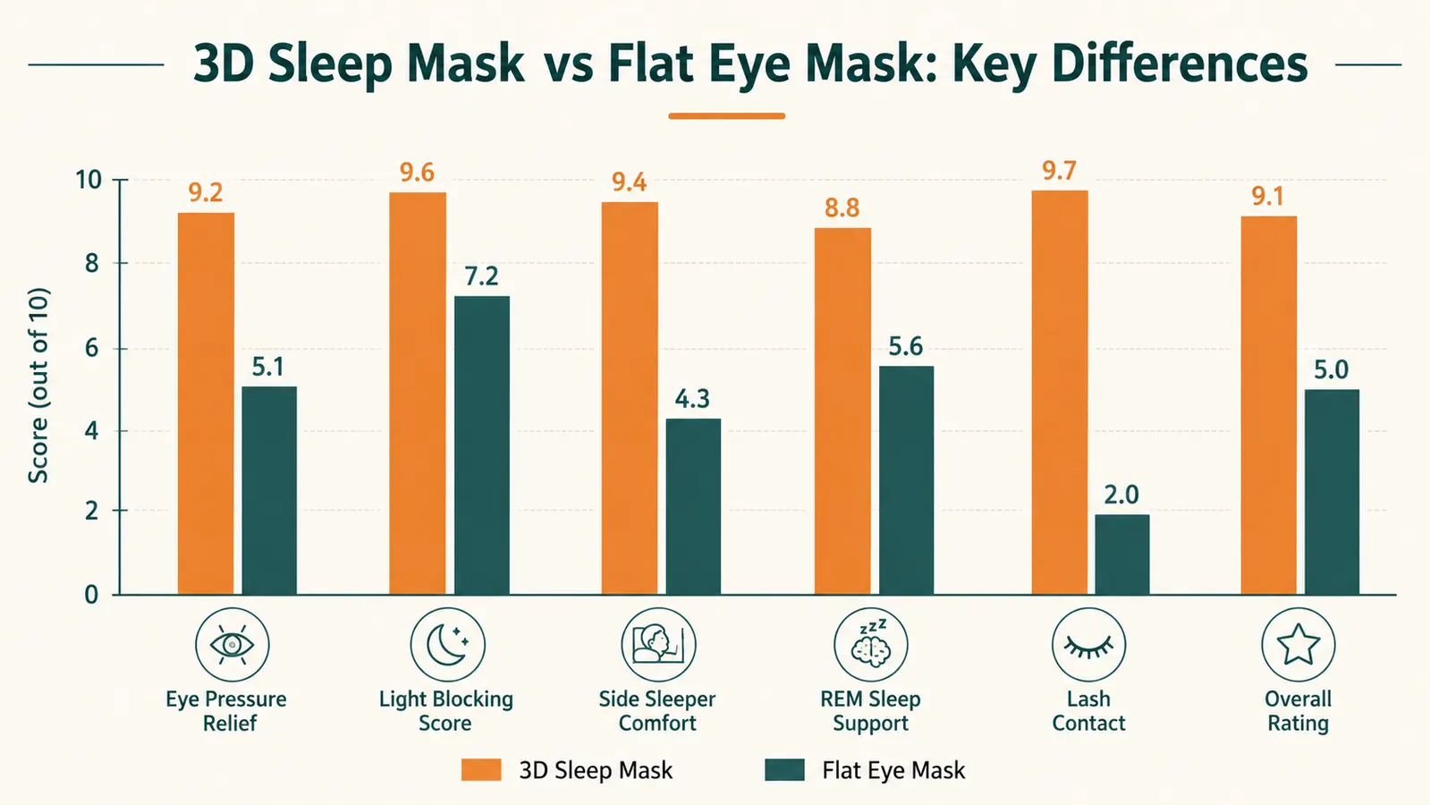 Side-by-side comparison chart showing key differences between a 3D contoured mask and a flat eye mask across five categories