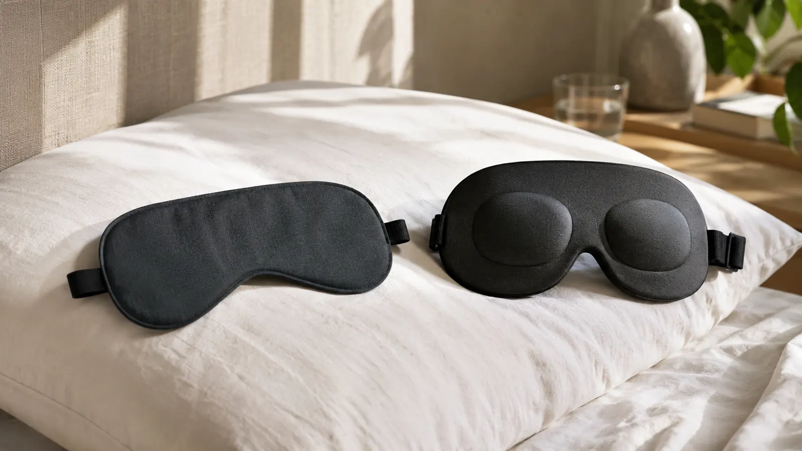 A woman wearing a contoured 3D sleep mask resting peacefully in bed with soft morning light behind blackout curtains