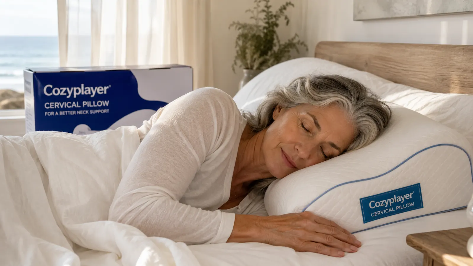 Cozyplayer cervical contour pillow shown on a bed with its removable inner fill pieces laid out beside it on white linen