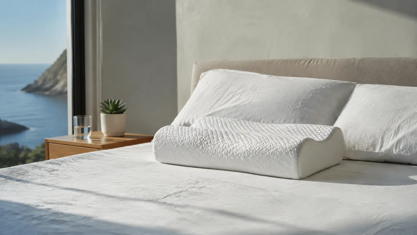 Woman sitting on the edge of a bed in the morning, pressing a hand to the back of her neck with a tired but thoughtful expression, soft coastal morning light through sheer curtains