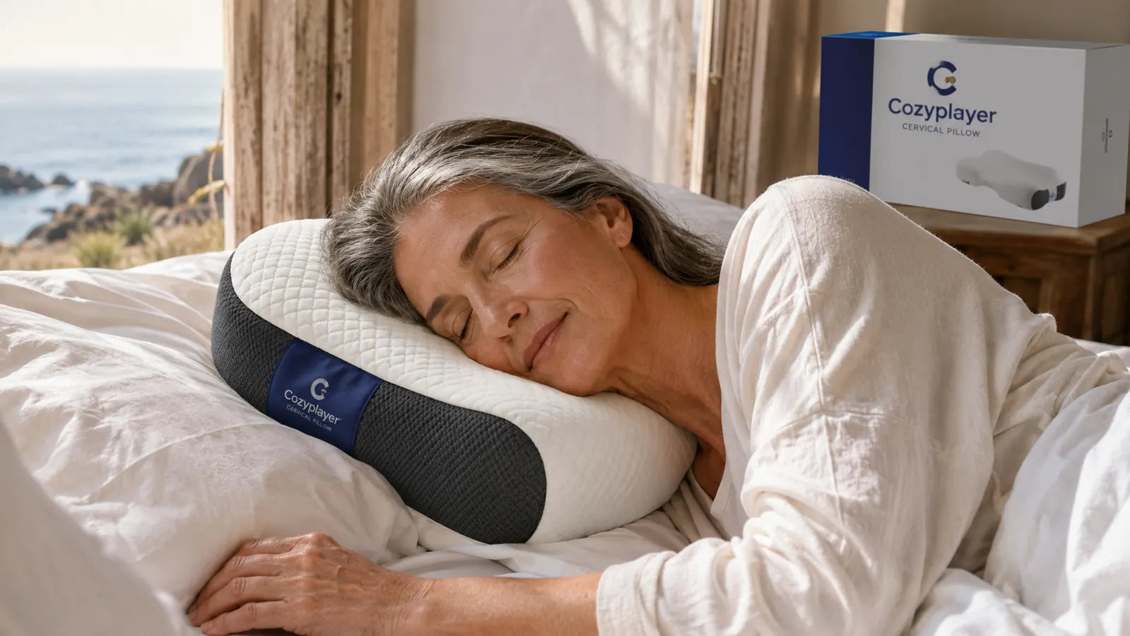 Close-up of a woman placing a cervical pillow under her neck while lying in bed