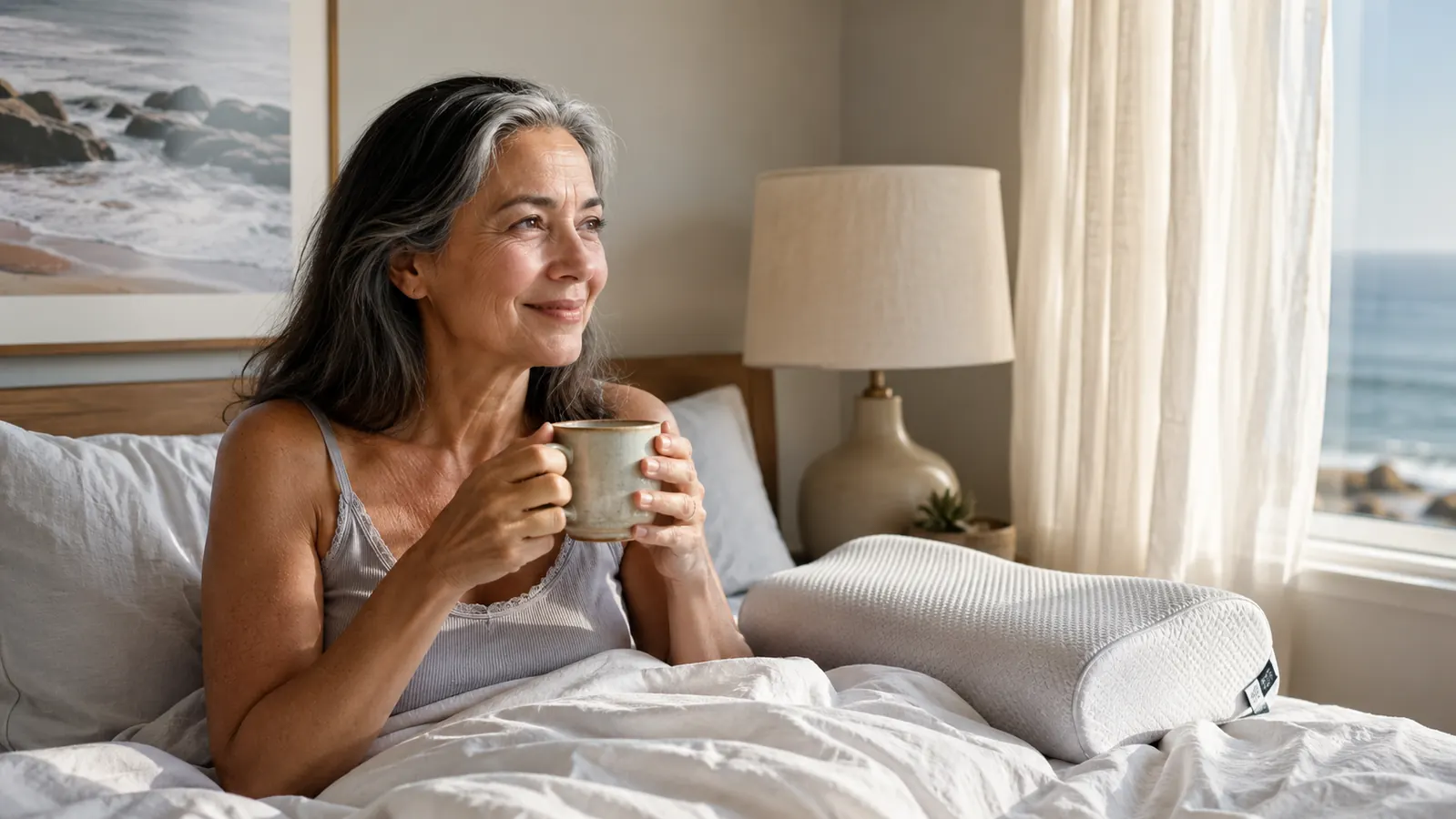 Older woman sitting on a coastal porch in soft morning light, a mug in her hand, looking rested and calm