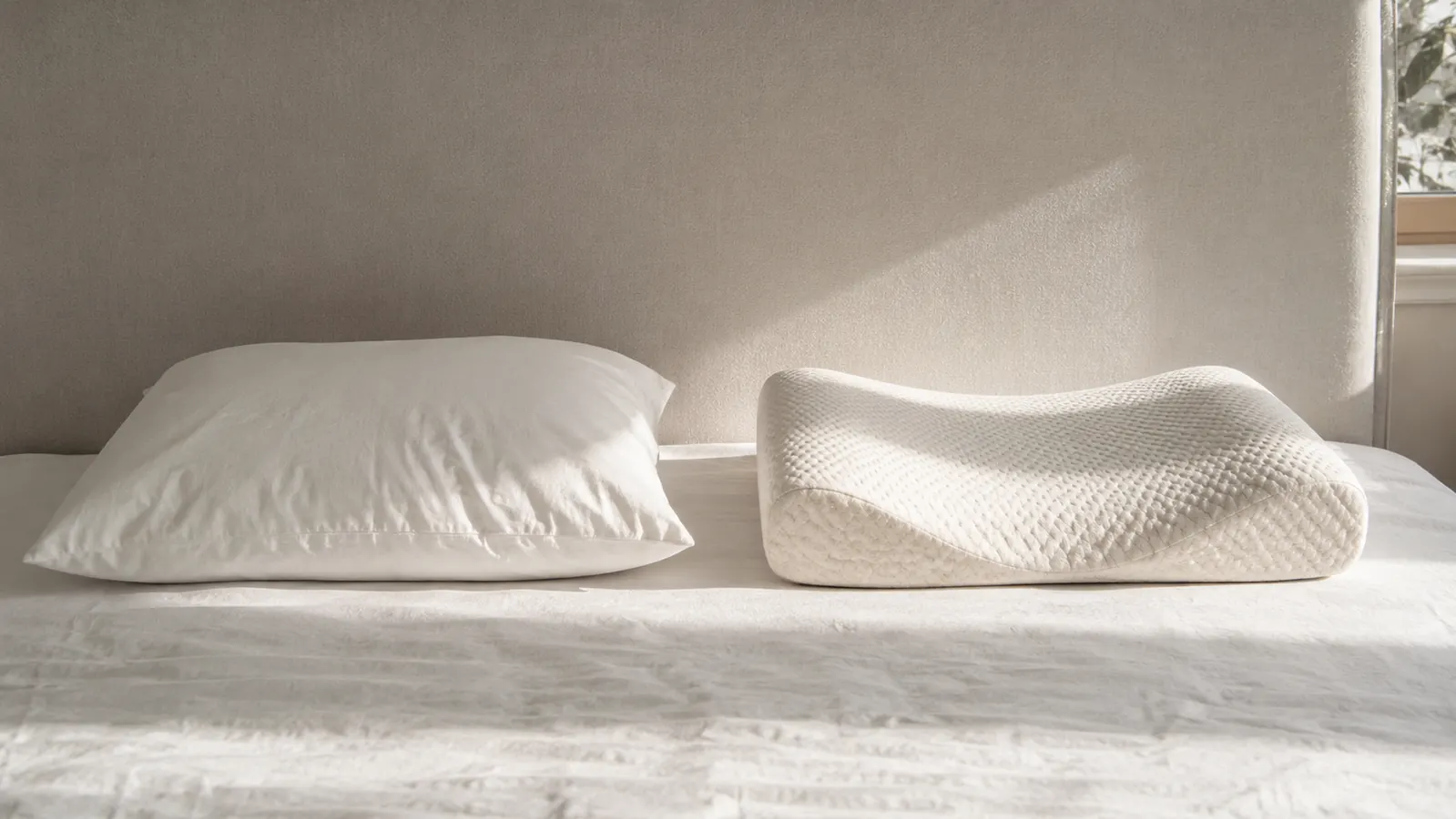 Two pillows side by side on a neatly made bed in a coastal bedroom at dawn, one contoured cervical pillow and one standard fluffy pillow