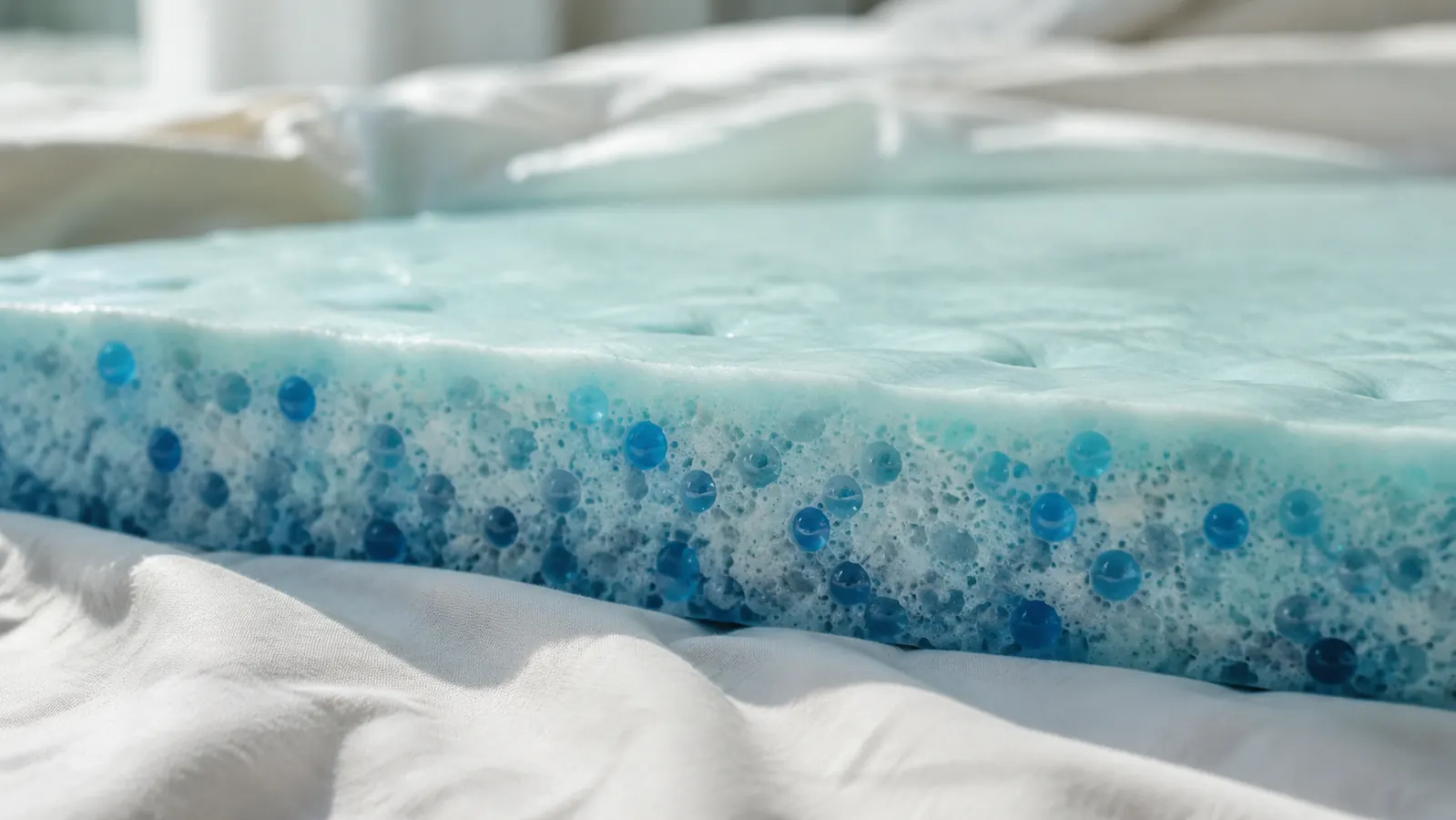 A woman sitting on the edge of a bed pressing her hand into a foam topper, testing its firmness and edge support