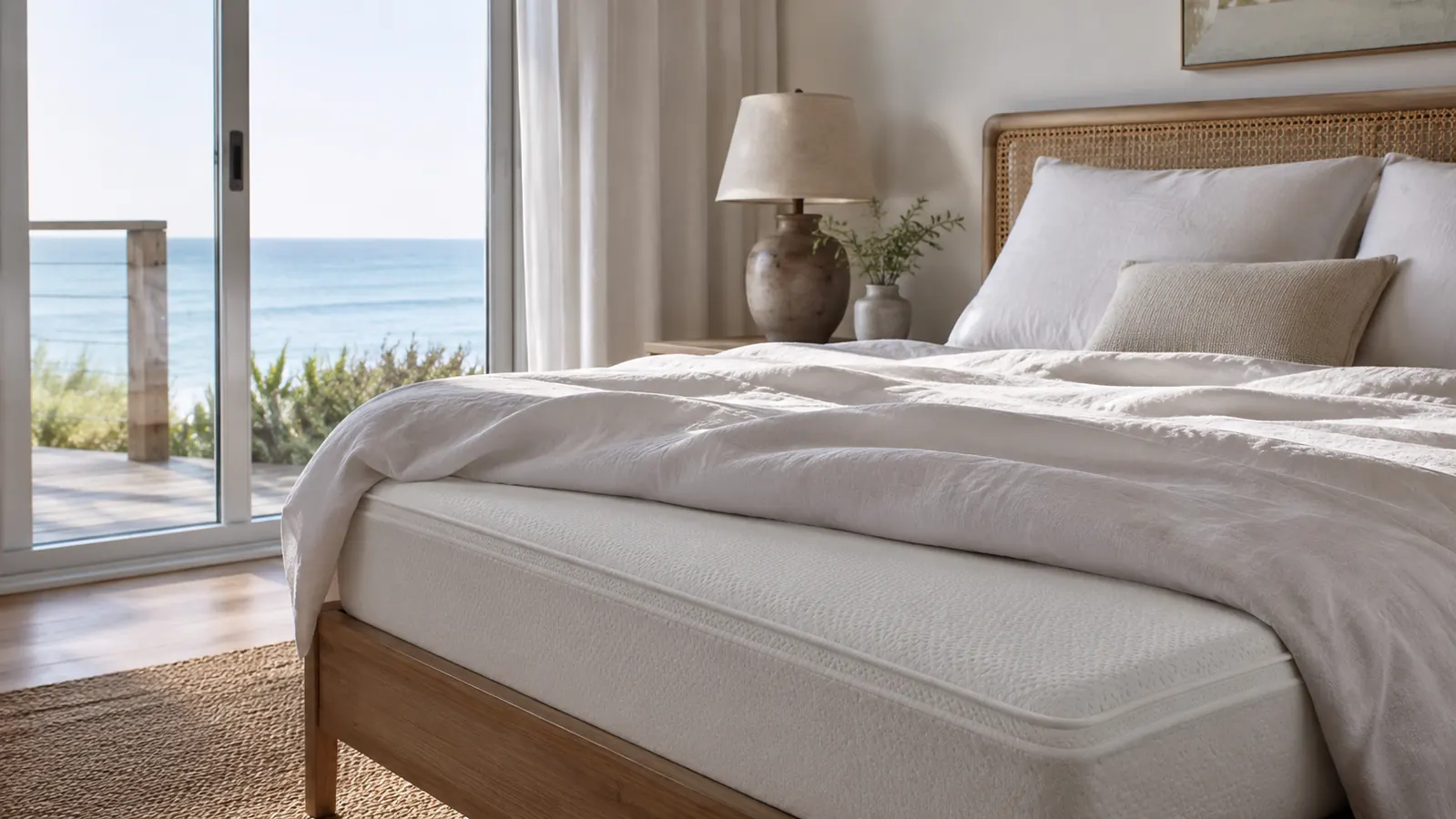 A bedroom near the coast at early morning, warm light through sheer curtains, a neatly made bed with a thick foam topper visible beneath the sheets