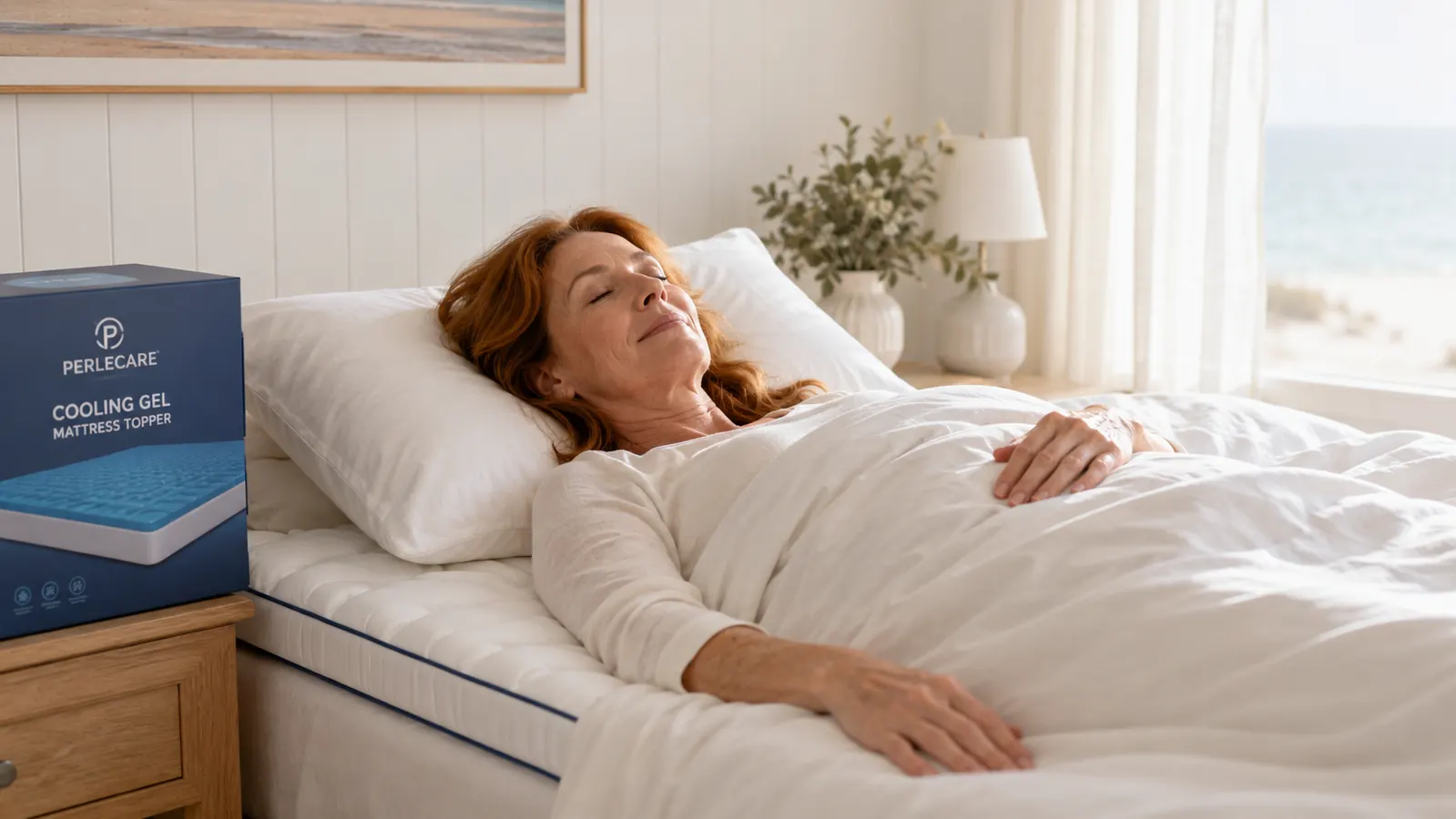 Hands smoothing a thick gel memory foam mattress topper onto a queen mattress