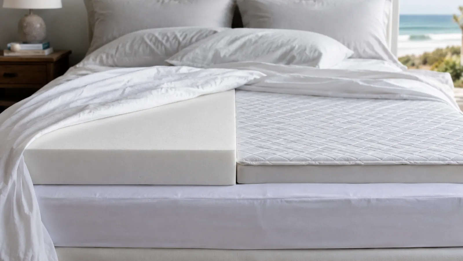 A neatly made bed near a window with soft morning coastal light, white linen bedding with a thick memory foam topper visible under the fitted sheet