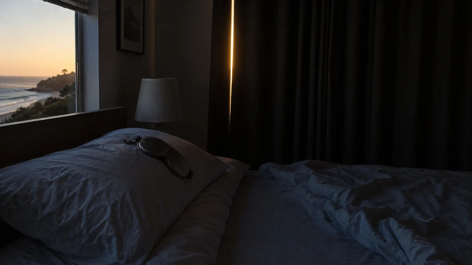 Soft morning light filtering through sheer curtains onto a neatly made bed with a sleep mask resting on the pillow