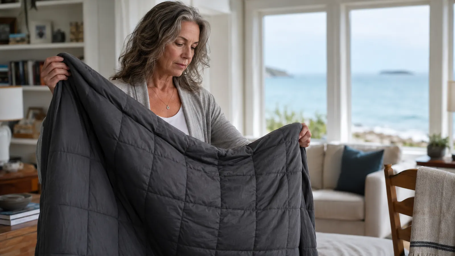 Neatly folded dark grey weighted blanket on the corner of a bed near a coastal window with morning light coming through sheer curtains