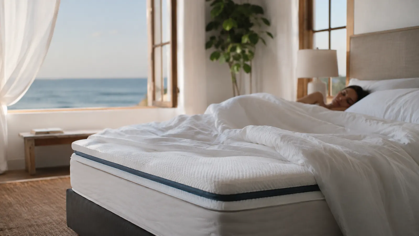 A peaceful coastal bedroom at night with a made bed, soft lamp light, and an ocean breeze curtain, suggesting cool, restful sleep