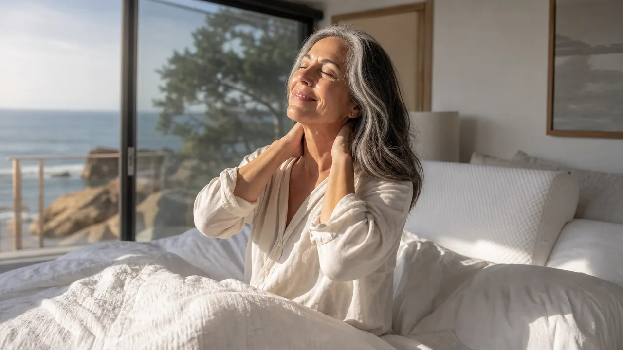 Woman sitting at the edge of a bed in morning light, gently rolling her shoulders with a look of relief, bright window behind her