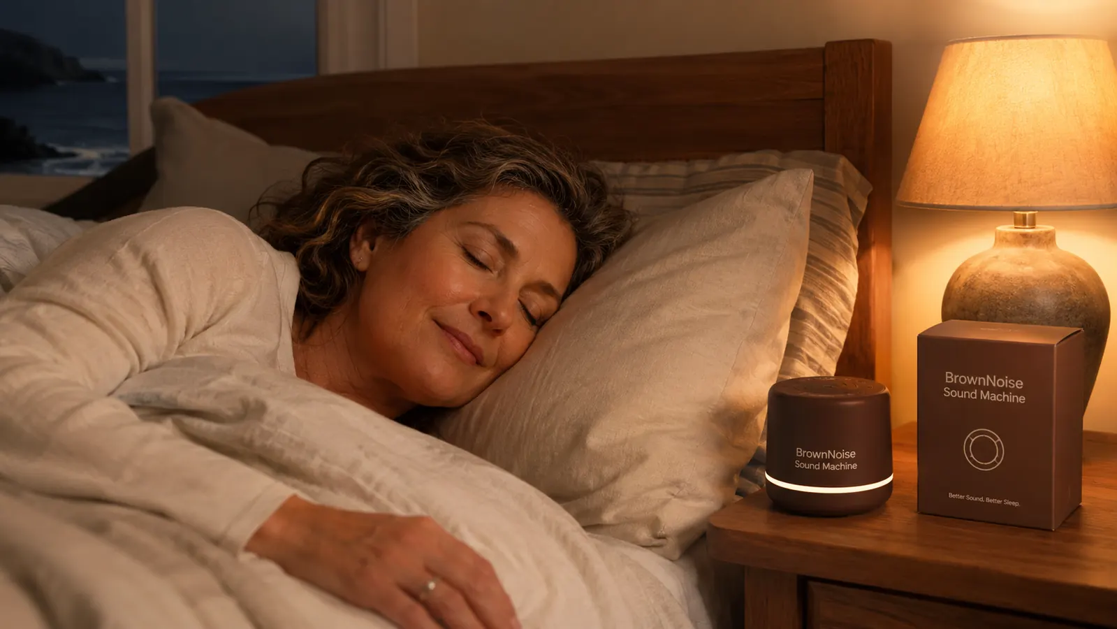 Person adjusting the volume knob on a small sound machine in a dimly lit bedroom, getting ready for sleep