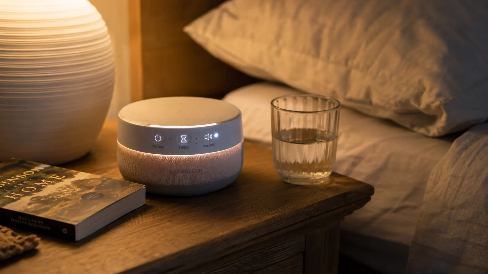 Small white noise machine on a nightstand near an ocean-view window at dusk, warm lamp light, calm bedroom atmosphere
