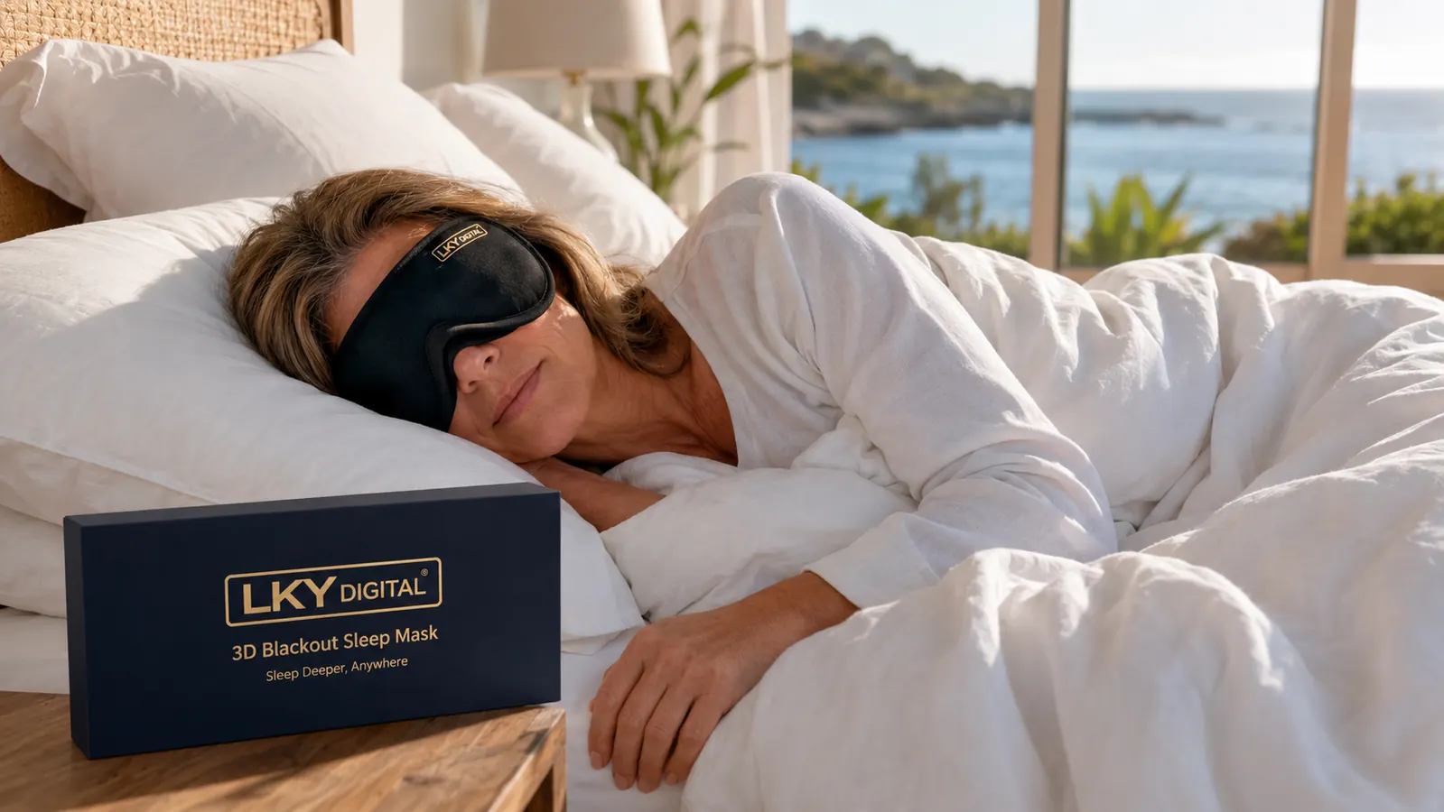 Woman's hand placing a contoured 3D sleep mask on a bedside table next to a glass of water