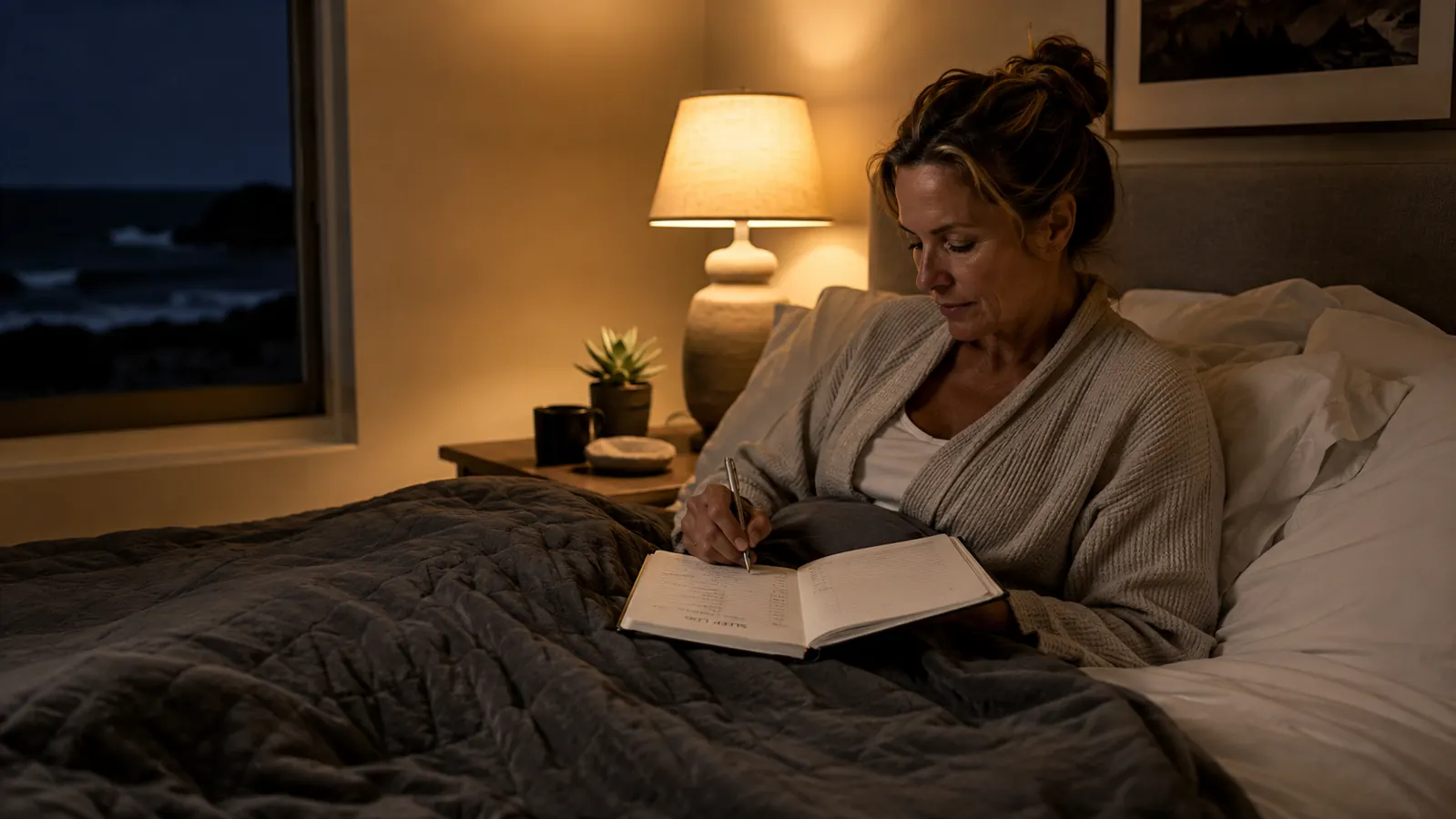 A woman reading in bed under a dark weighted blanket, a cup of tea on the nightstand, serene expression