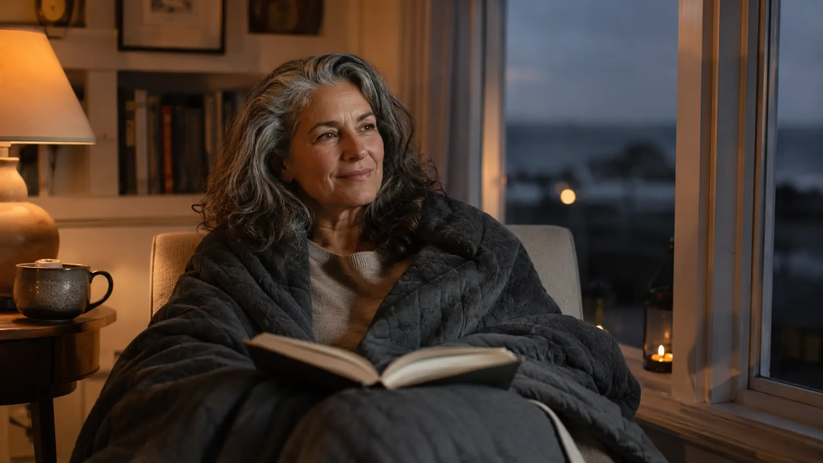 A cozy bedroom near the coast at dusk, soft lamp light, a dark weighted blanket folded at the foot of a neatly made bed, calm and inviting