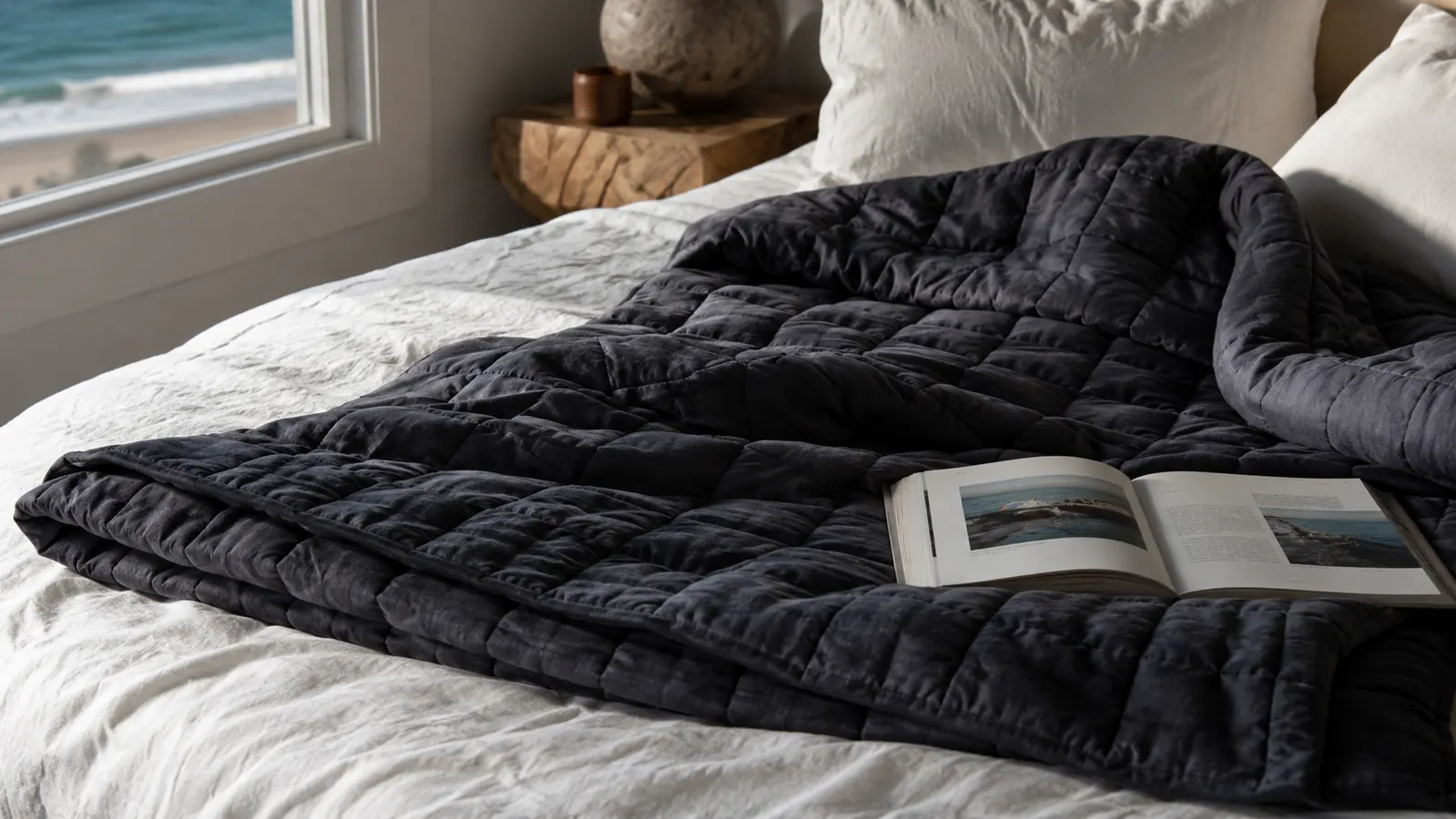 Dark grey weighted blanket folded on the corner of a coastal bedroom bed with soft morning light coming through sheer curtains
