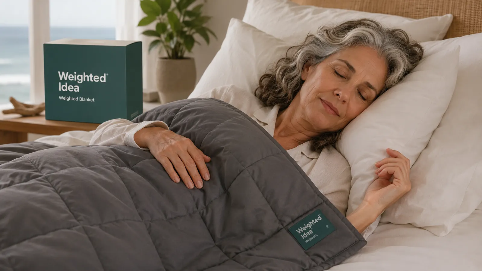 Hands smoothing a dark grey weighted blanket flat on a bed, showing the even grid-stitched squares that keep the glass beads in place