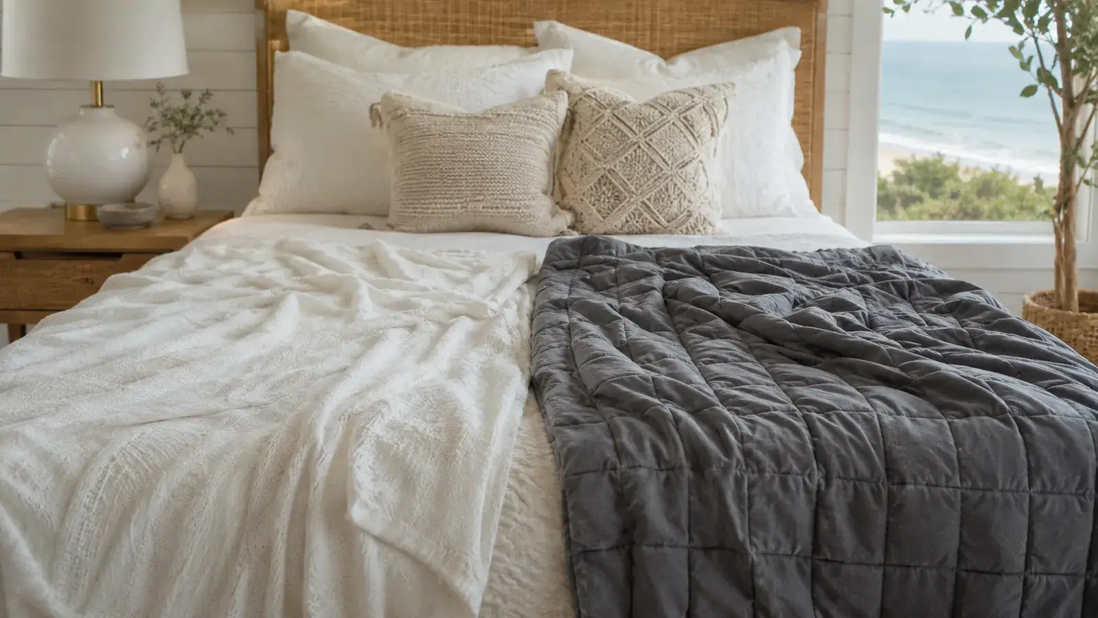 A neatly made bed near a coastal window at dusk, a dark grey weighted blanket folded across the foot of the bed
