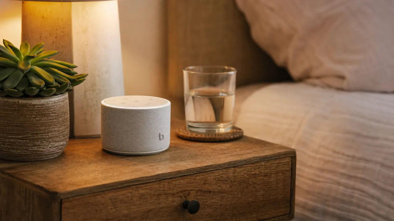 Small white cylindrical sound machine on a wooden nightstand next to a glass of water, soft coastal bedroom lighting at night