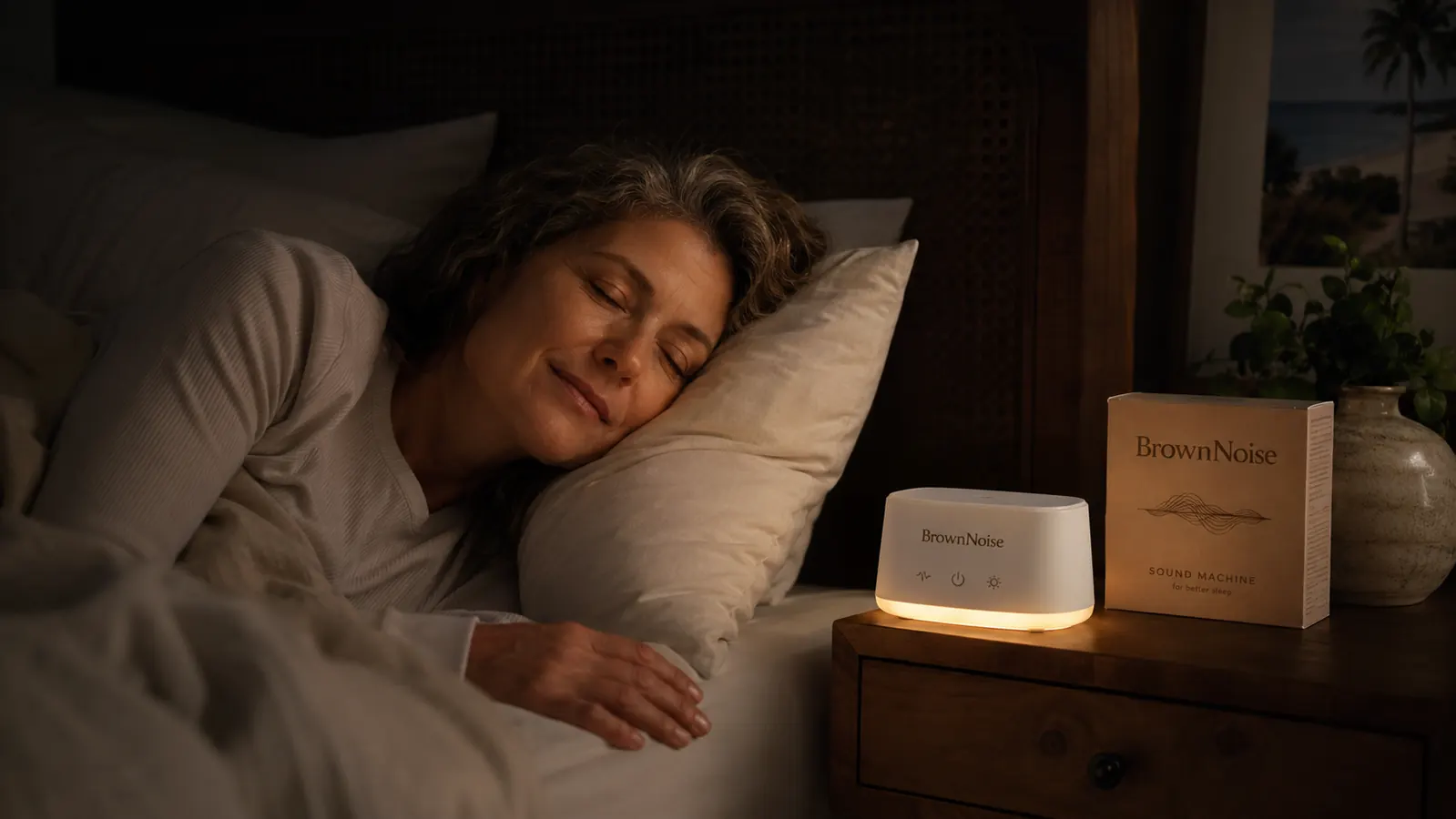 Brown Noise Sound Machine on a nightstand next to a glass of water and a small lamp