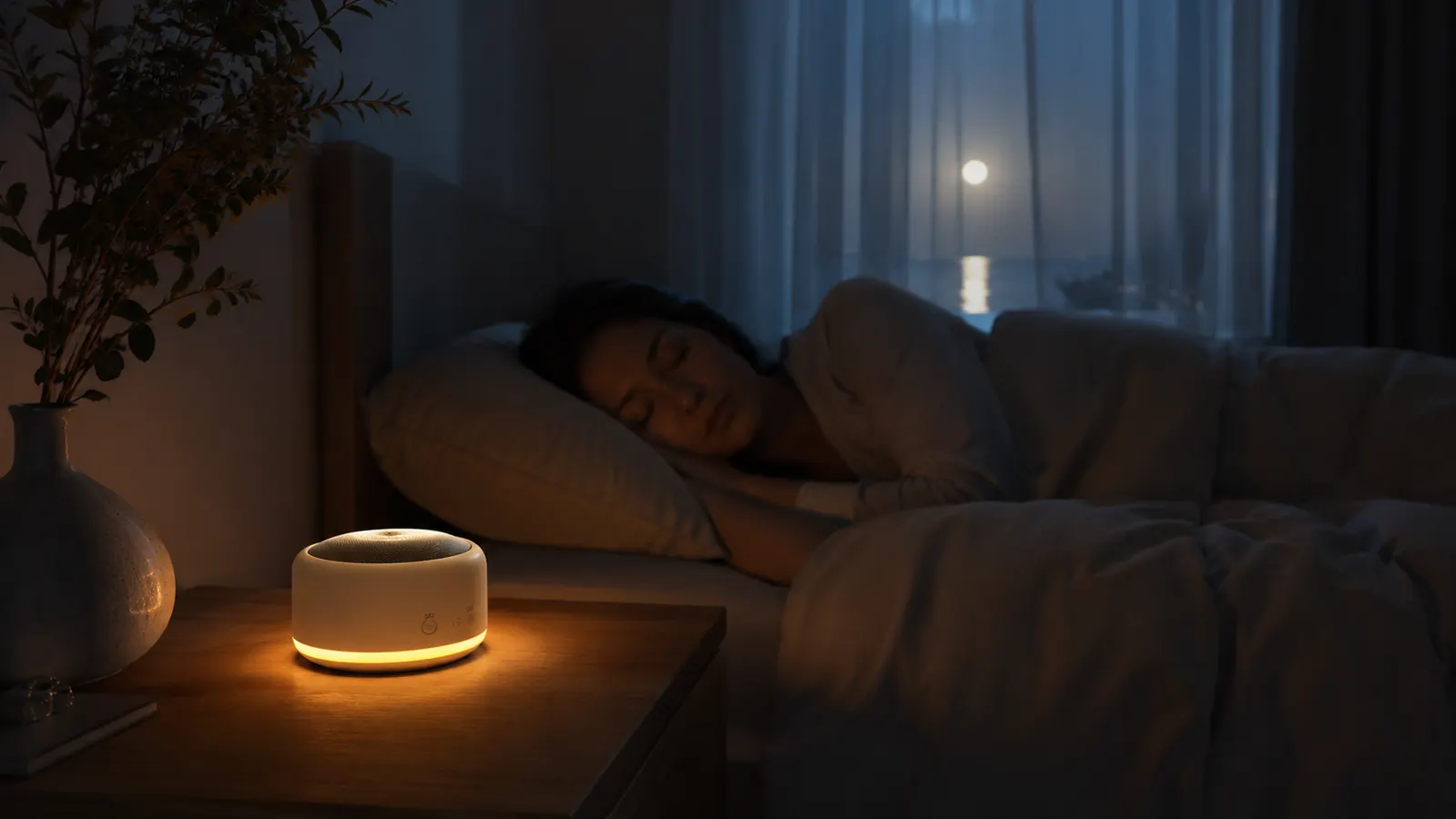 Soft bedroom near the coast at night, warm lamp glow, calm and quiet atmosphere