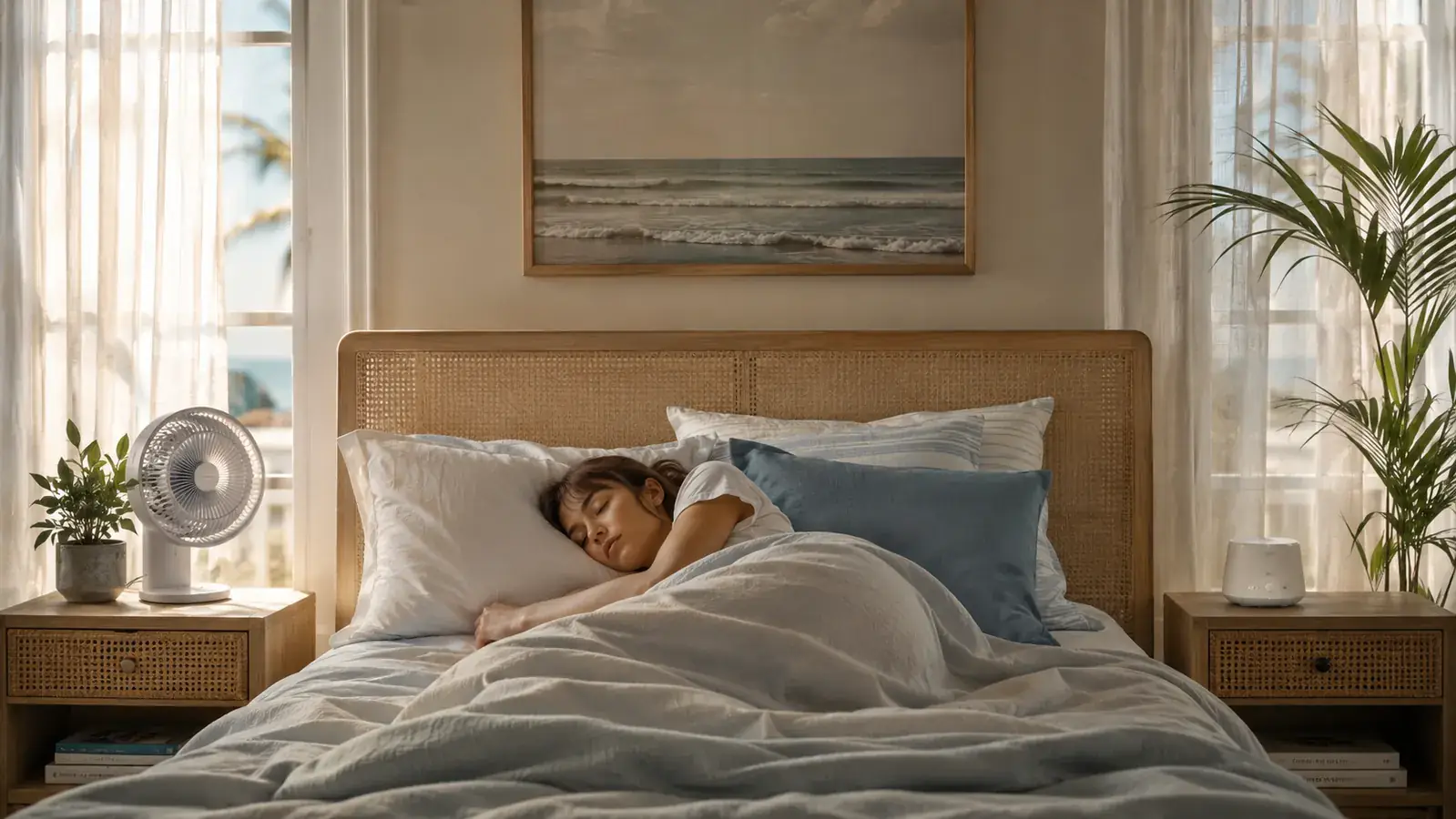 Small white noise machine glowing softly on a wooden nightstand beside a glass of water in a dim coastal bedroom